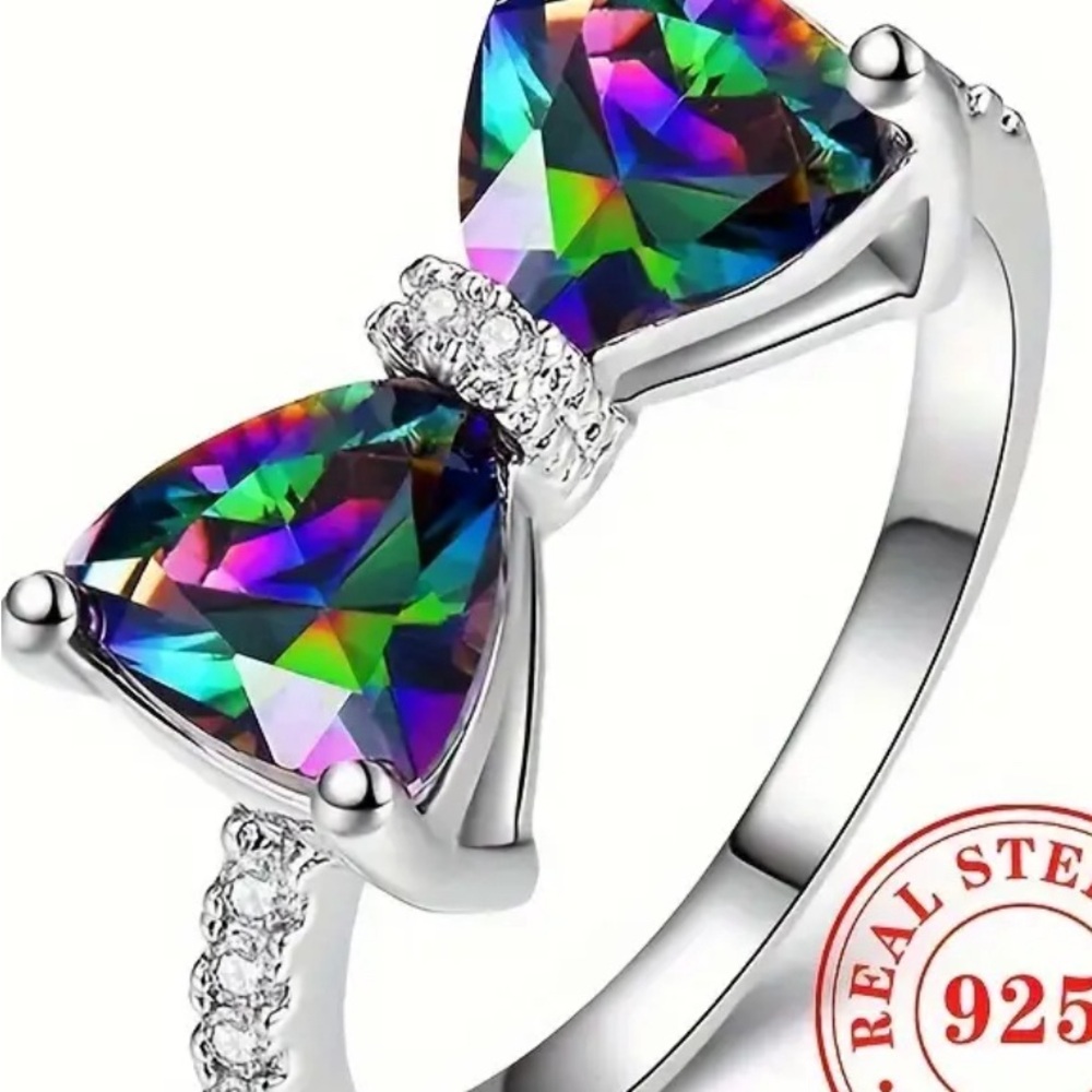 Elegant Silver Rainbow Gemstone Bow Ring